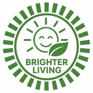 Green sunburst badge with happy sun icon and leaf symbol for sustainable living concept