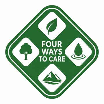 Green eco badge with four ways to care icons for environmental sustainability concepts