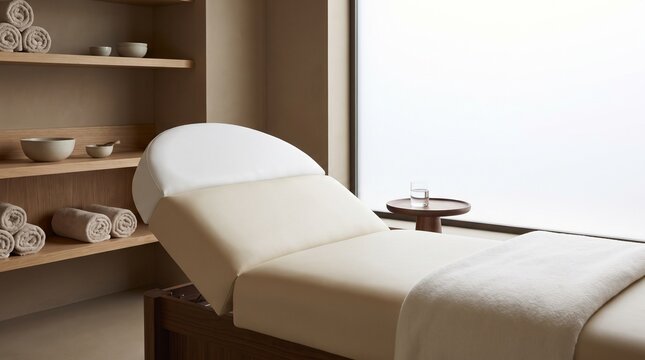 Modern spa facial treatment bed in a minimalist wellness room for professional skincare