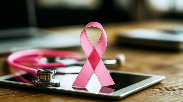 Vibrant pink ribbon symbolizing breast cancer awareness displayed alongside a stethoscope and tablet, representing hope and support for women&rsquo;s health initiatives