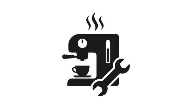 Black espresso coffee machine icon with wrench for maintenance service repair on a white background