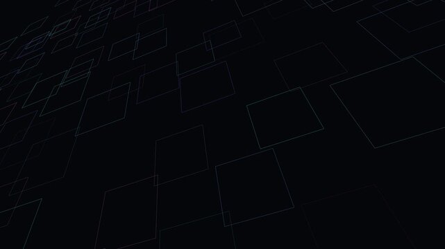 Abstract geometric square outline patterns floating across dark virtual space with subtle colorful glowing wireframe elements for modern technology backdrop.