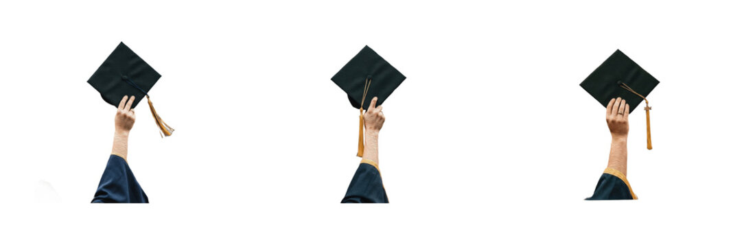 Set of three raised hands holding black graduation caps with gold tassels isolated on white background student achievement education graphic design collection