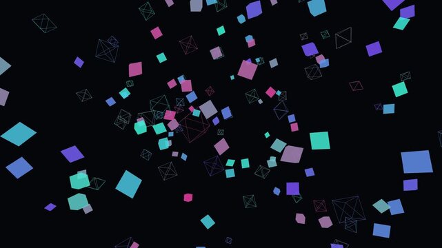 Abstract dynamic background featuring floating blue and pink cubes and geometrical shapes moving across dark void creating digital atmospheric motion design.