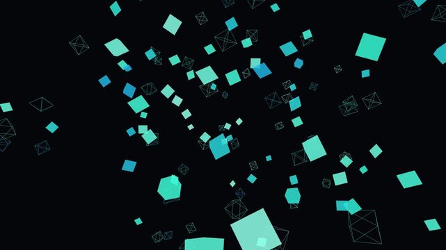 Abstract motion graphic featuring floating geometric cyan squares and wireframe polyhedrons moving through dark space for modern digital video background animation.