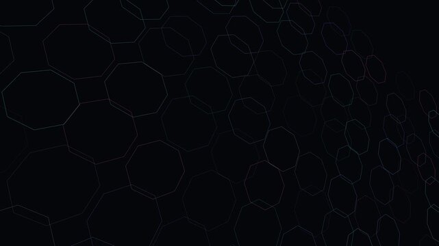 Abstract geometric pattern of octagons in dark space, futuristic digital background with glowing lines, scientific technology motion background.