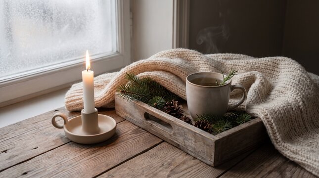 Cozy Hygge Winter Still Life with Candle and Herbal Tea