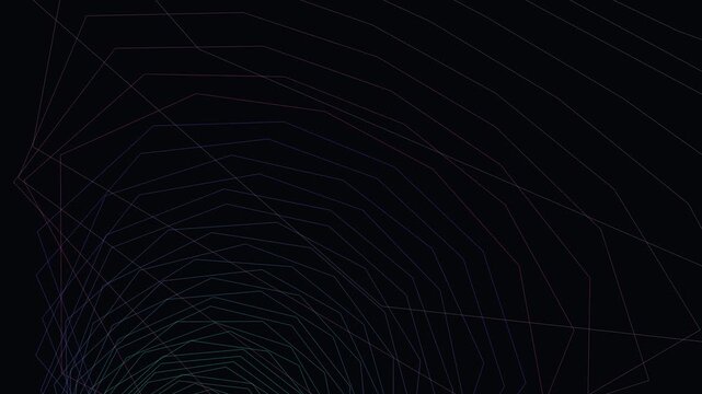 Abstract dark wireframe tunnel zooming out to reveal symmetrical concentric geometric pattern looping motion background for digital design and tech projects.