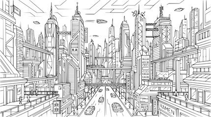 Obraz premium Futuristic city skyline sketch with flying cars and skyscrapers