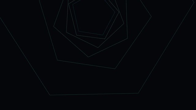 Abstract infinite loop of geometric wireframe pentagons rotating in dark digital space creating a futuristic technological design with clean minimalist lines.