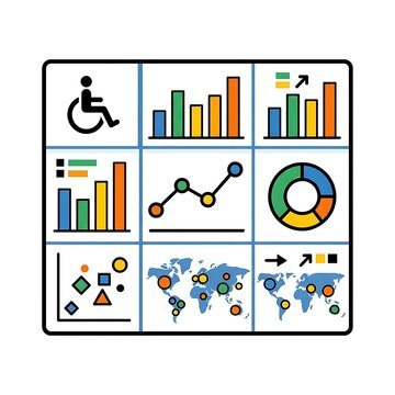 Set of business data visualization icons including charts, graphs, and accessibility.