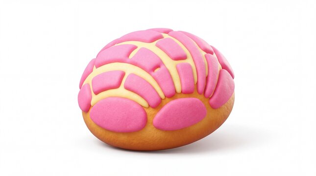 Stylized 3D render of a pink Mexican concha sweet bread, traditional pan dulce bakery pastry isolated illustration