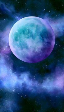 Majestic Watercolor Moon Glowing with Teal and Violet Gradients Amidst a Dreamy Cosmic Nebulaed Void