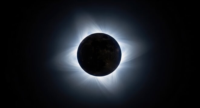 A breathtaking total solar eclipse showcases the glowing corona against a dark sky while the lunar surface covers the bright sun completely, silhouette, rays, light
