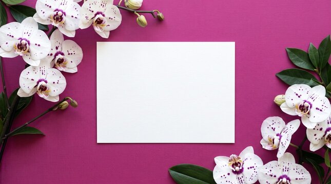 White blank paper card surrounded by elegant speckled orchids on a vibrant magenta background captured from a high overhead angle