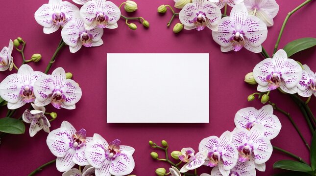 Elegant white orchid flowers arranged around a blank rectangular card centerpiece set against a rich deep magenta paper background surface