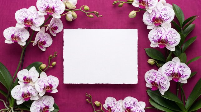 White paper card surrounded by elegant speckled purple and white orchid flowers on a vibrant magenta fabric textured background surface