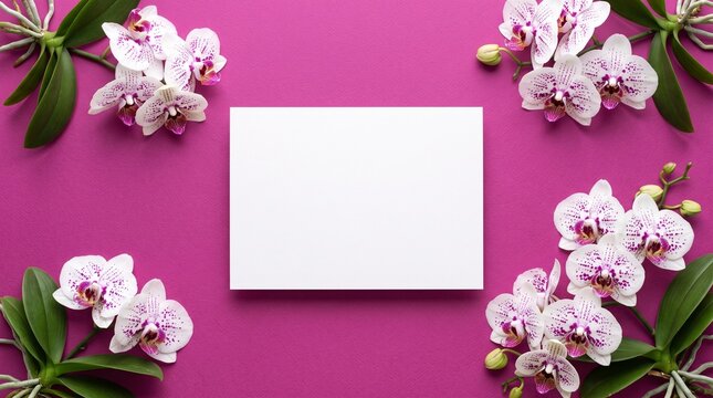 White blank paper card surrounded by beautiful spotted white orchid flowers arranged on a vibrant textured dark pink paper background