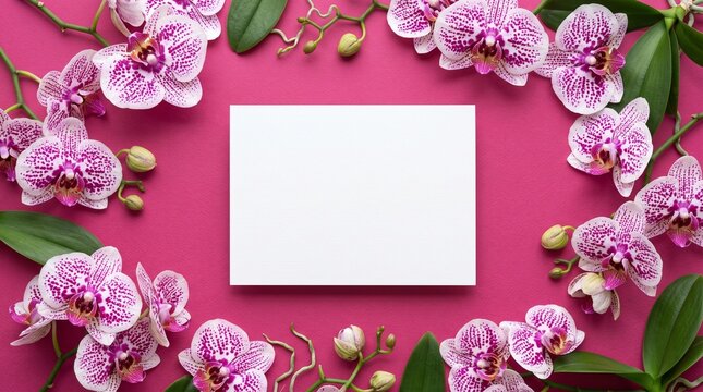 Elegant white card placed centrally on vibrant pink background surrounded by blooming spotted orchid flowers in soft natural daylight setup