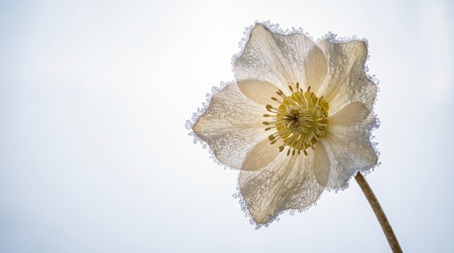 Frozen white anemone flower with copy space for winter beauty design