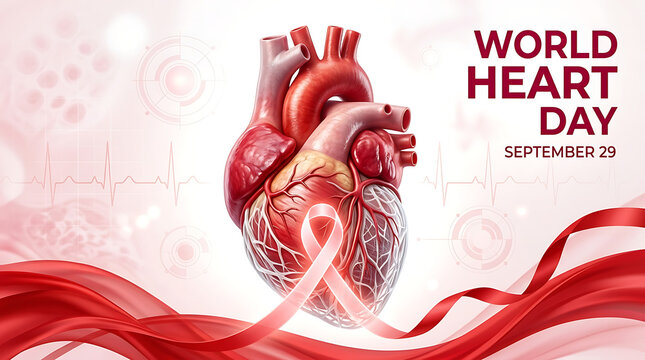 World Heart Day vector banner, September 29 awareness concept, anatomical red heart model with ecg lines, flowing pink and red ribbons, social background design for media
