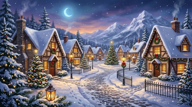 Picturesque alpine village illuminated for the holidays in a snowy mountain valley