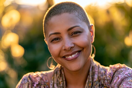 Smiling woman with short hair looking directly at the camera, bathed in warm sunlight, conveying positivity and confidence against a blurred natural backdrop