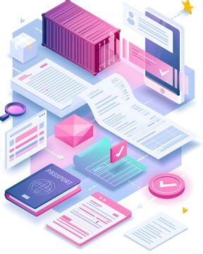 flat vector illustration of customs declaration process, freight container, shipping documents, invoice, customs form, passport style identification document and digital approval interface arranged