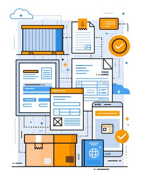 flat vector illustration of customs declaration process, freight container, shipping documents, invoice, customs form, passport style identification document and digital approval interface arranged
