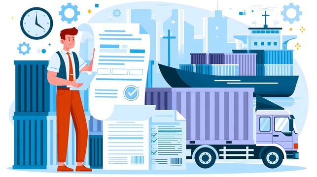flat vector illustration of export shipping documentation process, logistics professional reviewing commercial invoice, packing list and shipping documents beside freight containers, cargo truck and