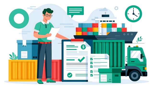 flat vector illustration of export shipping documentation process, logistics professional reviewing commercial invoice, packing list and shipping documents beside freight containers, cargo truck and