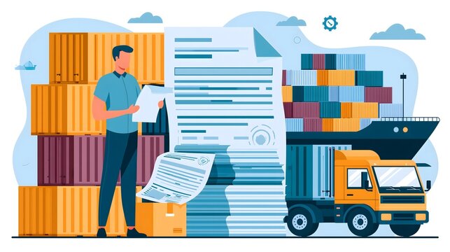 flat vector illustration of export shipping documentation process, logistics professional reviewing commercial invoice, packing list and shipping documents beside freight containers, cargo truck and