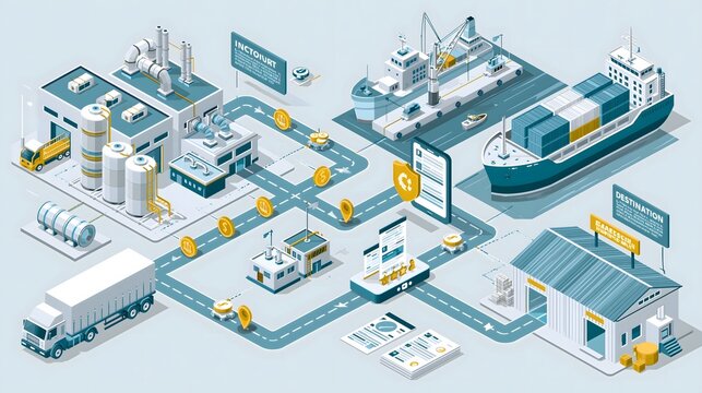 flat vector illustration of international supply chain process, factory warehouse connected to cargo truck, seaport, container ship and destination warehouse, customs clearance checkpoint with