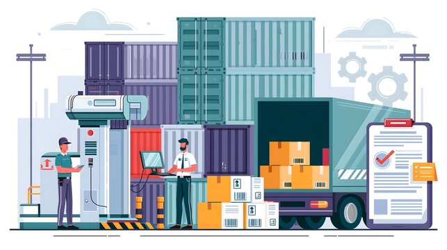 flat vector illustration of customs inspection at international port, stacked freight containers, inspection scanner, customs officer, cargo truck and logistics documents, professional trade