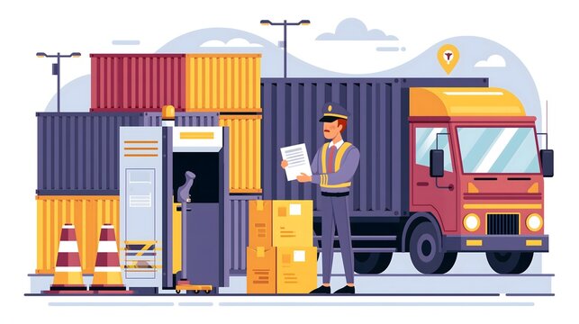 flat vector illustration of customs inspection at international port, stacked freight containers, inspection scanner, customs officer, cargo truck and logistics documents, professional trade