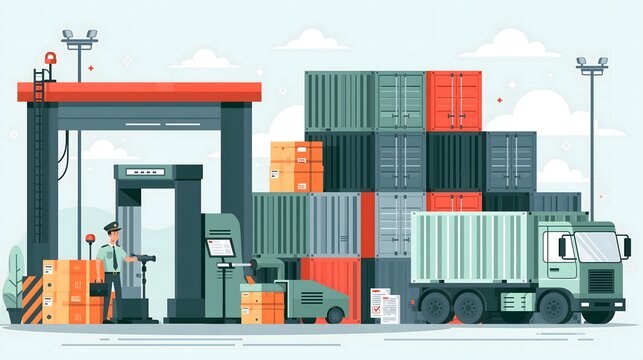 flat vector illustration of customs inspection at international port, stacked freight containers, inspection scanner, customs officer, cargo truck and logistics documents, professional trade