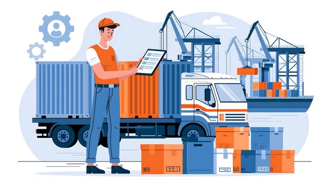 flat vector illustration of freight forwarding and customs brokerage process, logistics specialist coordinating container shipment, digital tablet with shipping status, cargo truck and port cranes in