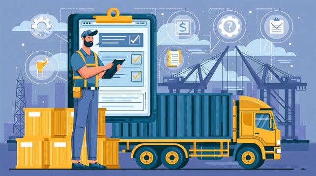 flat vector illustration of freight forwarding and customs brokerage process, logistics specialist coordinating container shipment, digital tablet with shipping status, cargo truck and port cranes in