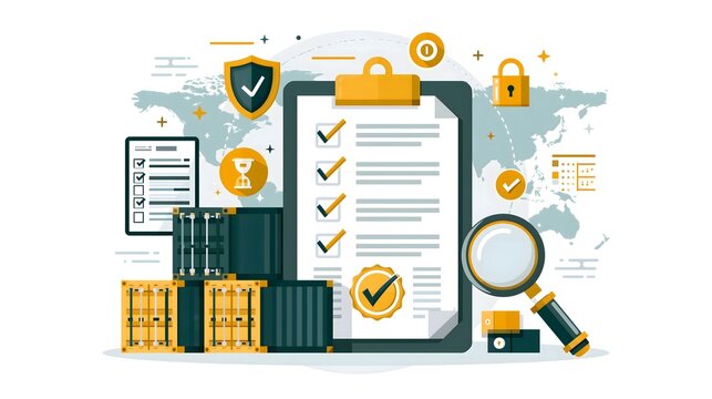 flat vector illustration of customs compliance and international trade, freight containers beside regulatory documents, approval stamp concept, checklist, digital security symbols and global trade