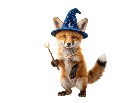 Cute Fox Cub in Wizard Hat with Glowing Star Wand on Transparent Background