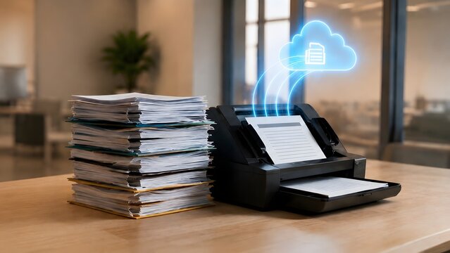 High volume document scanning concept with a huge stack of paperwork next to a modern printer digitizing files into a glowing cloud computing hologram