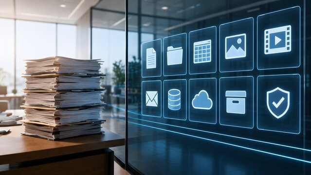 Concept of document management system comparing a massive stack of physical papers with a glowing modern digital file interface on a glass office wall