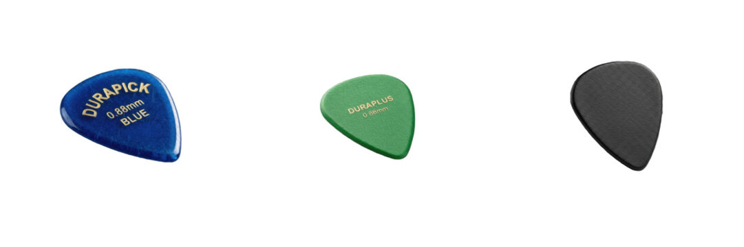 set plastic guitar picks blue green and black musical instrument accessories collection isolated on white background digital design assets set
