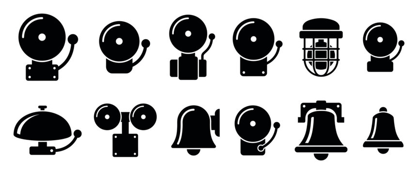 Diverse collection of black bell icons featuring various designs such as a school bell, fire alarm, industrial caged bell, and classic handbell shapes in a simple glyph style