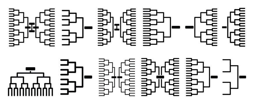 Collection of black tournament bracket templates and organizational charts for planning sports competitions, playoffs, and business hierarchies in a minimalist graphic style