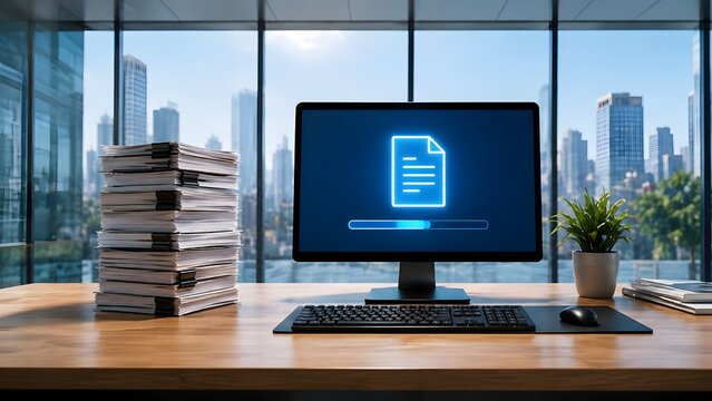 Paperless office transition concept showing a stack of physical documents and a computer monitor displaying a glowing digital file loading bar in a corporate workspace