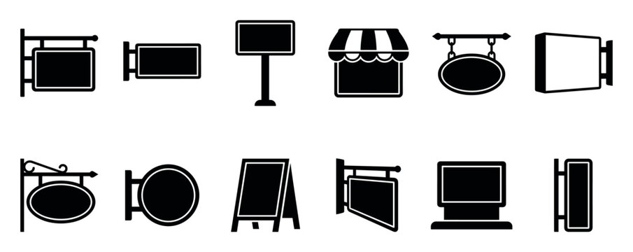 Set of black silhouette signage icons representing various storefront signs, signboards, and shop awnings for business and retail concepts in a clean graphic vector style