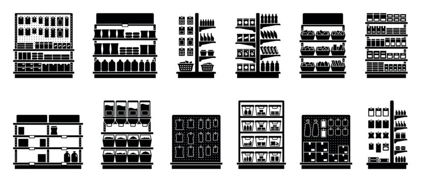 Black silhouette icons of supermarket store shelves filled with various grocery products and merchandise, a flat vector glyph set illustrating different retail display racks