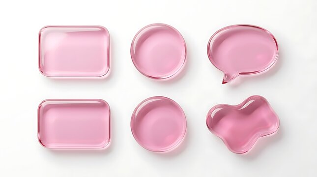 Collection of six translucent pink glass shapes including rounded rectangles circles speech bubbles and abstract forms for design elements.