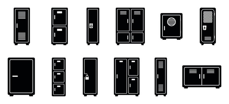 Collection of black silhouette locker icons showing various designs for school, gym, and storage cabinets in a minimalist vector style, including safes and cupboards with different doors
